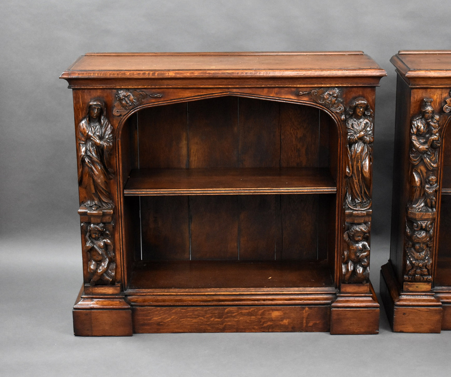 Near Pair Victorian Oak Open Bookcases