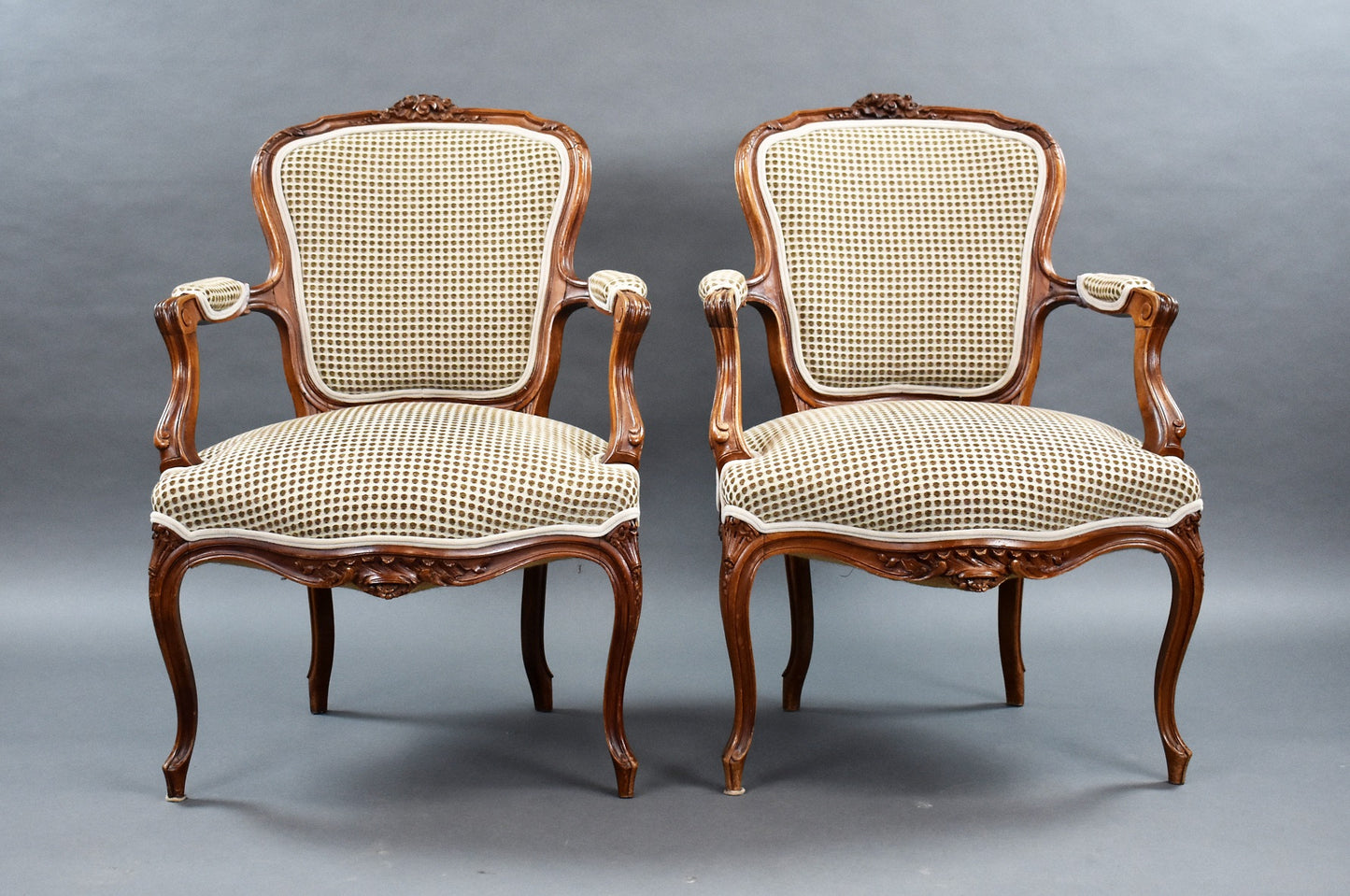 Pair Louis XVI Style Walnut Open Armchairs