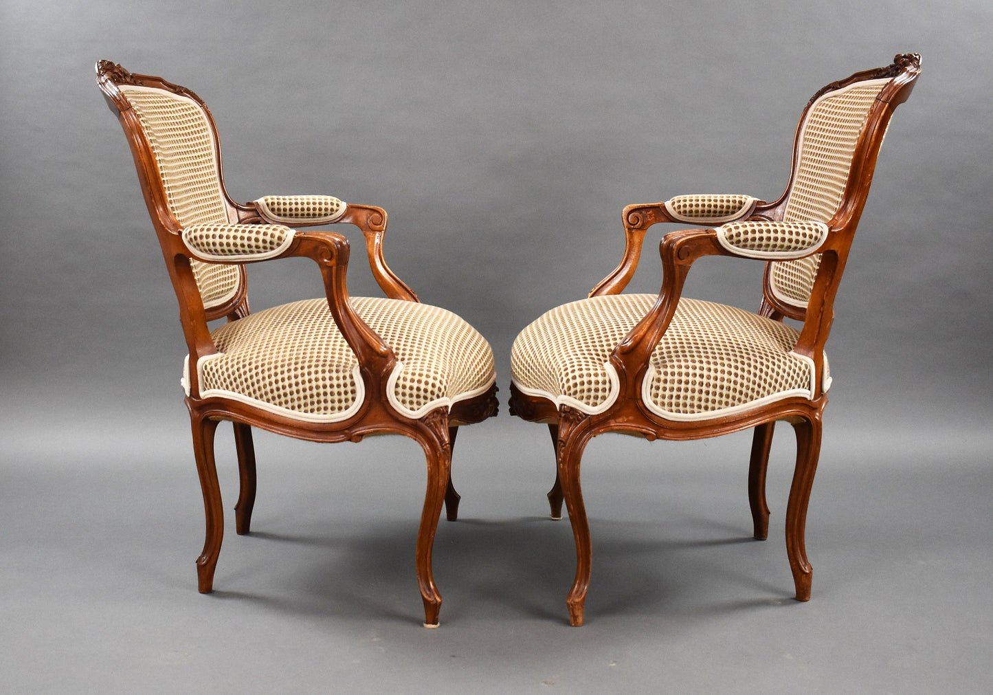 Pair Louis XVI Style Walnut Open Armchairs
