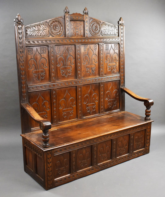 18th Century Carved Oak High Back Settle/Bench