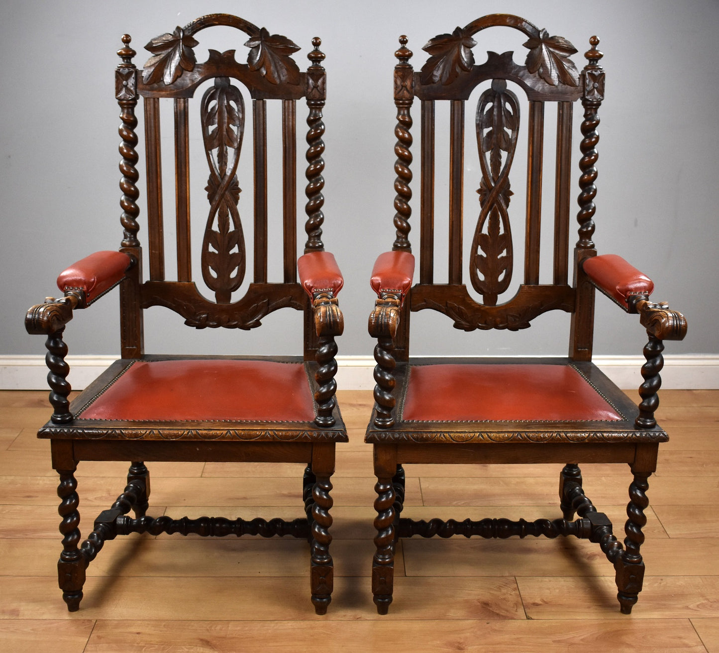 Pair Oak Barley Twist Armchairs