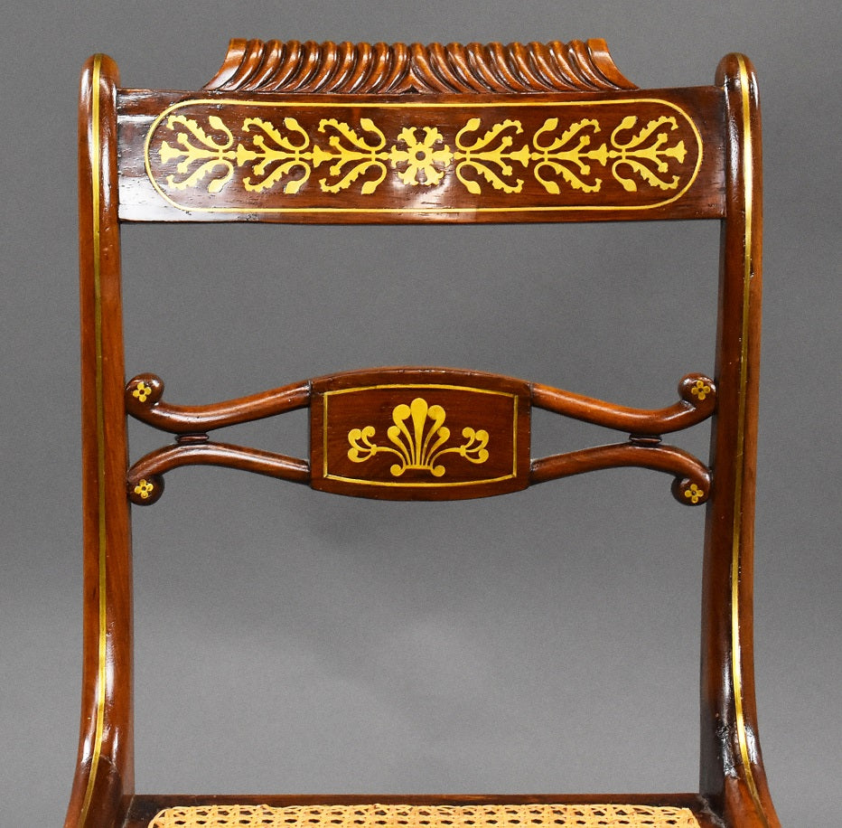 Set Six 19th Century Brass Inlaid Rosewood Dining Chairs