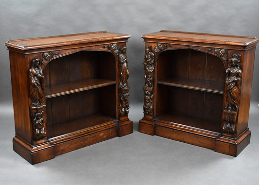 Near Pair Victorian Oak Open Bookcases