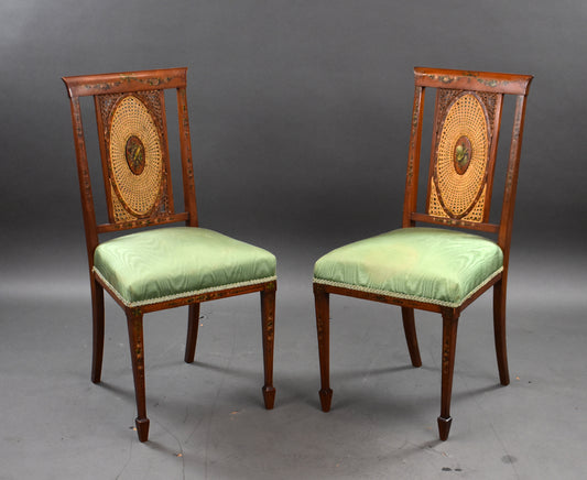 Pair Edwardian hand painted Satinwood Chairs