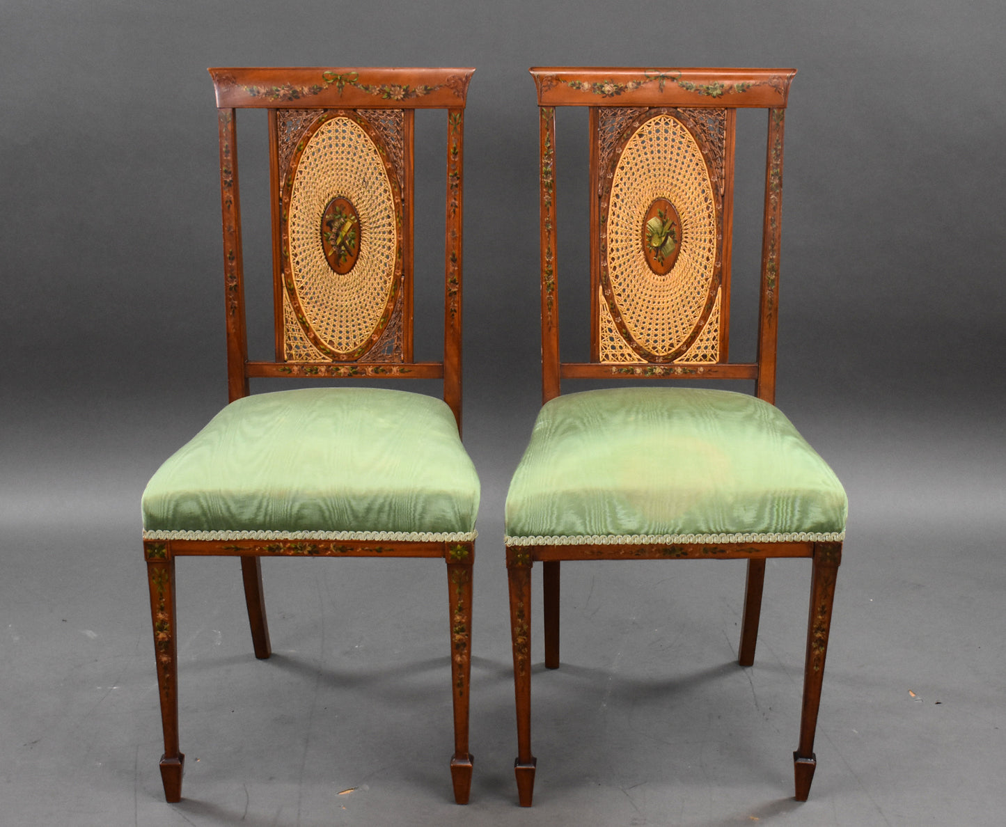 Pair Edwardian hand painted Satinwood Chairs