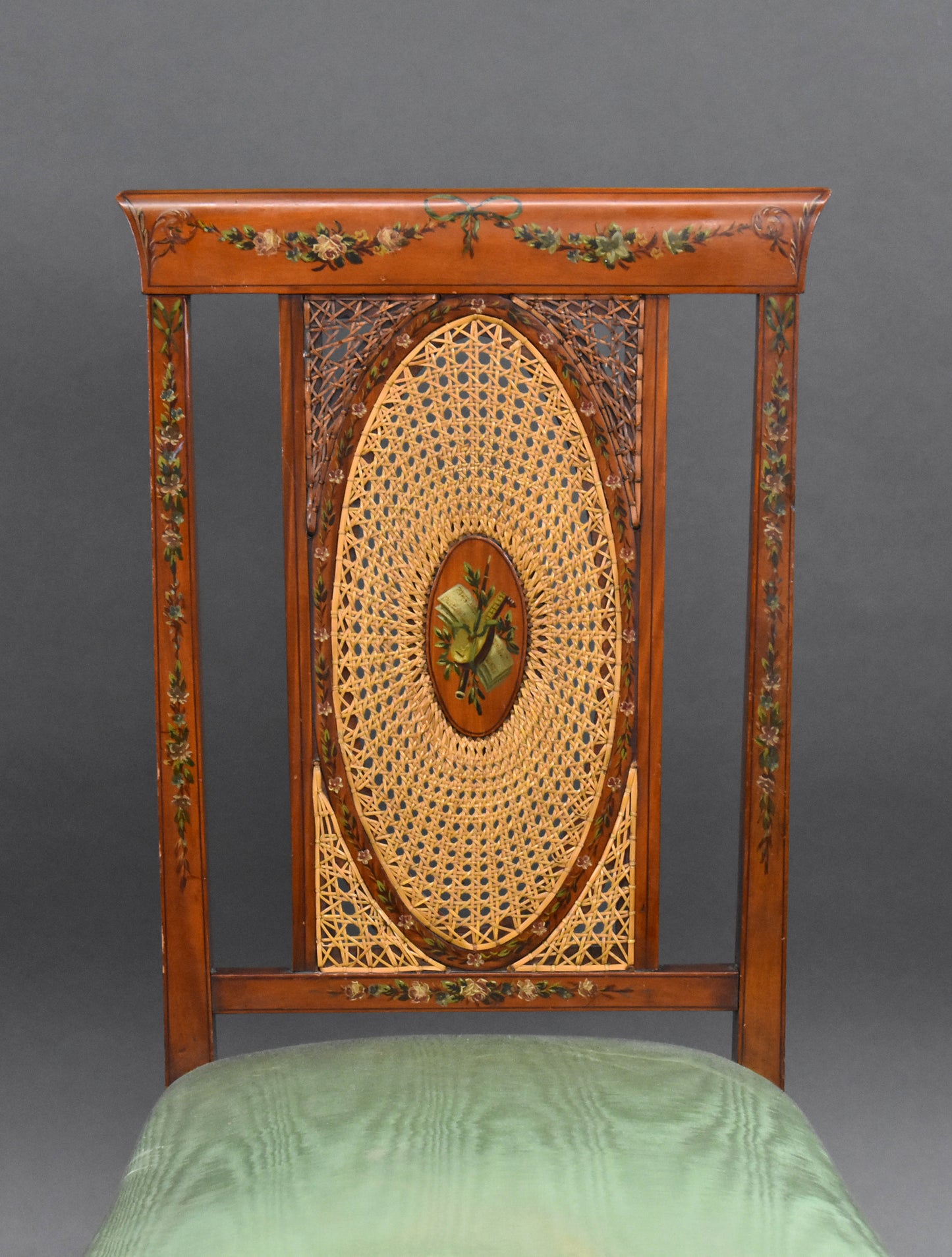 Pair Edwardian hand painted Satinwood Chairs