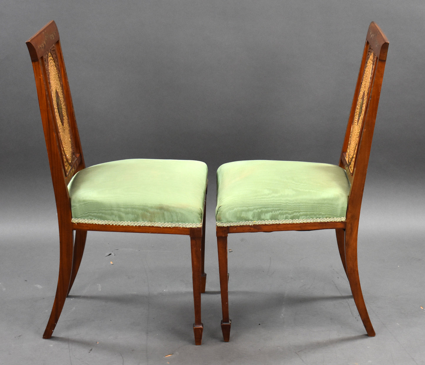 Pair Edwardian hand painted Satinwood Chairs