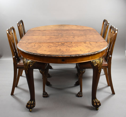 Queen Anne Style Walnut Extending Dining Table & Four Walnut Chairs