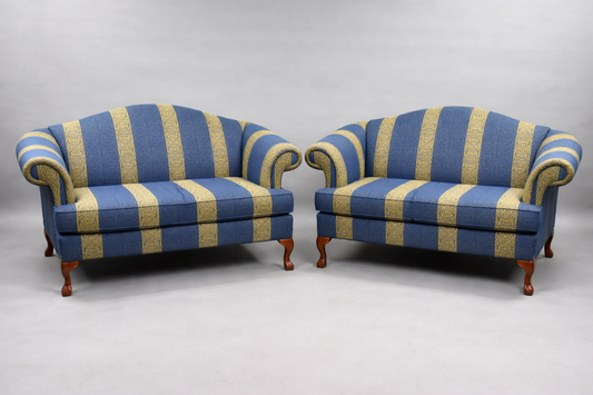 Pair of Classic Upholstered Sofas in Blue & Gold Stripe Damask