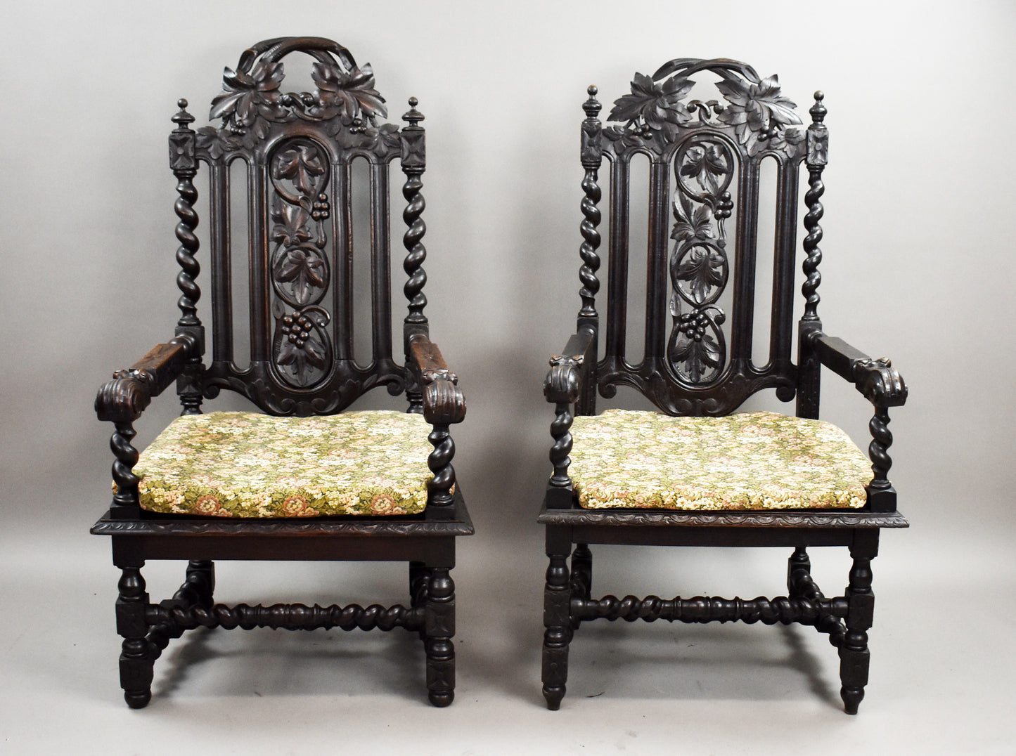 Near Pair Late 19th Century Carved Oak Throne Chairs