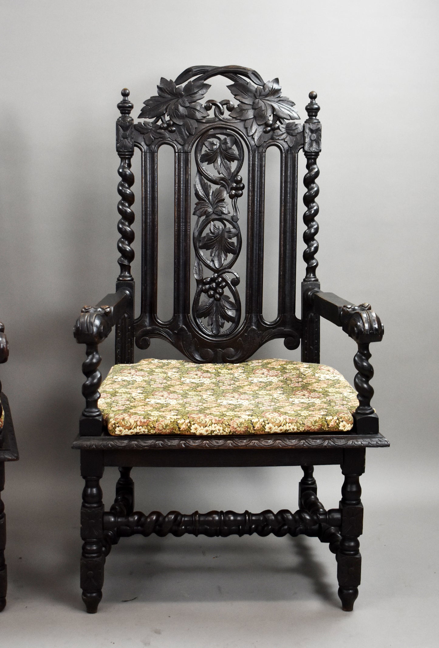 Near Pair Late 19th Century Carved Oak Throne Chairs