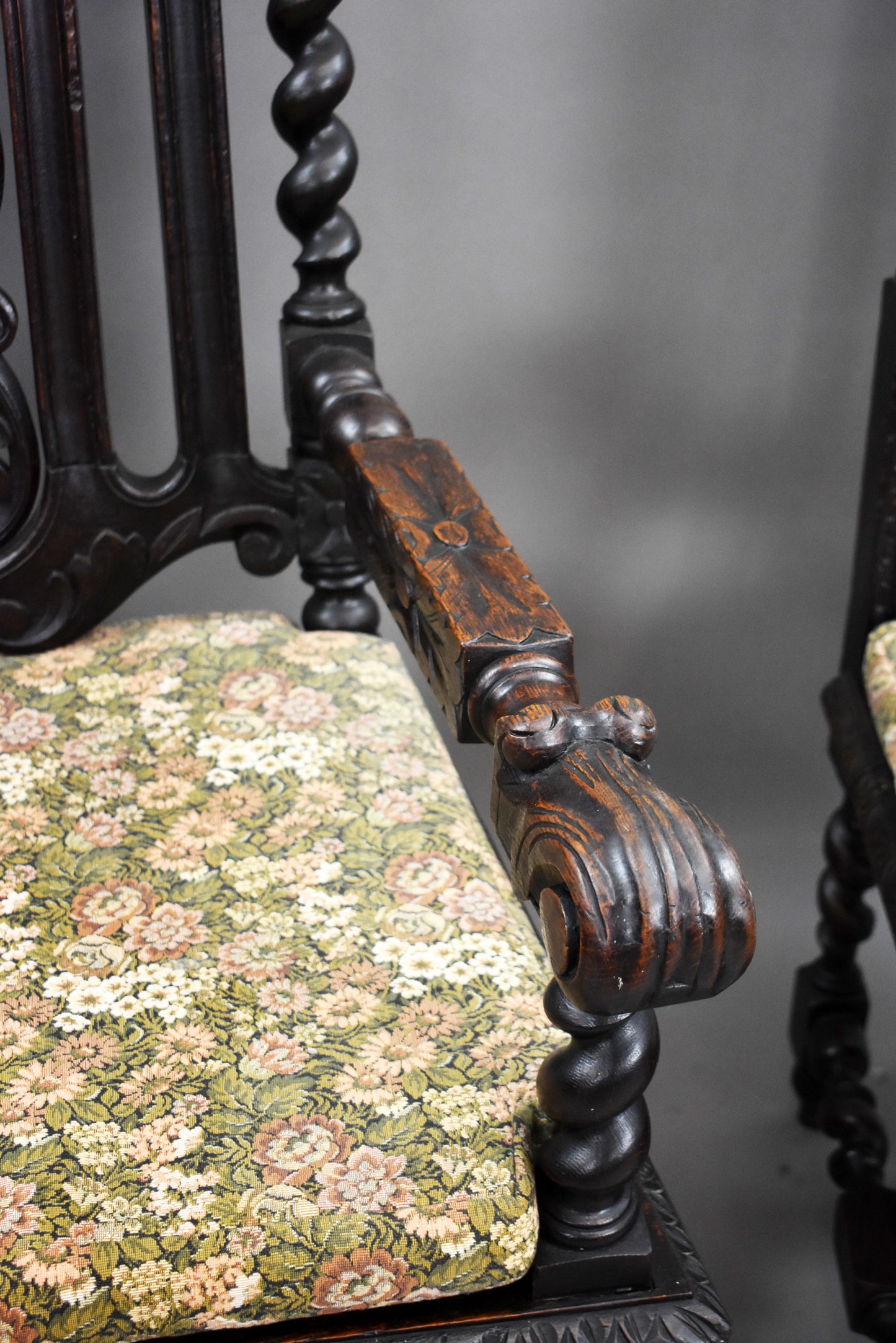 Near Pair Late 19th Century Carved Oak Throne Chairs
