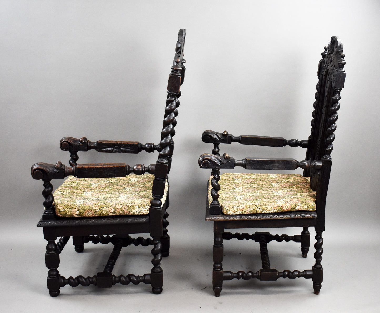 Near Pair Late 19th Century Carved Oak Throne Chairs