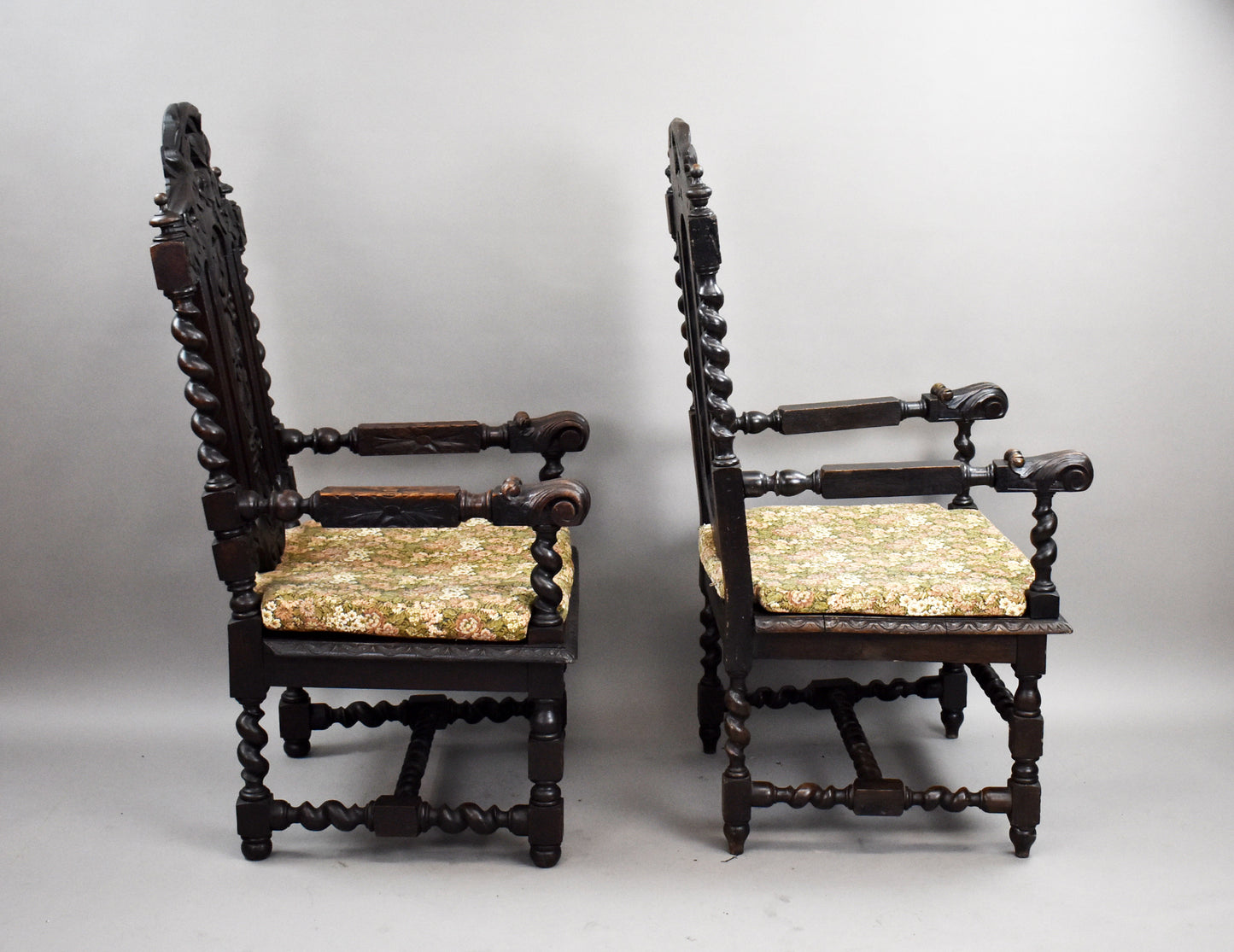 Near Pair Late 19th Century Carved Oak Throne Chairs