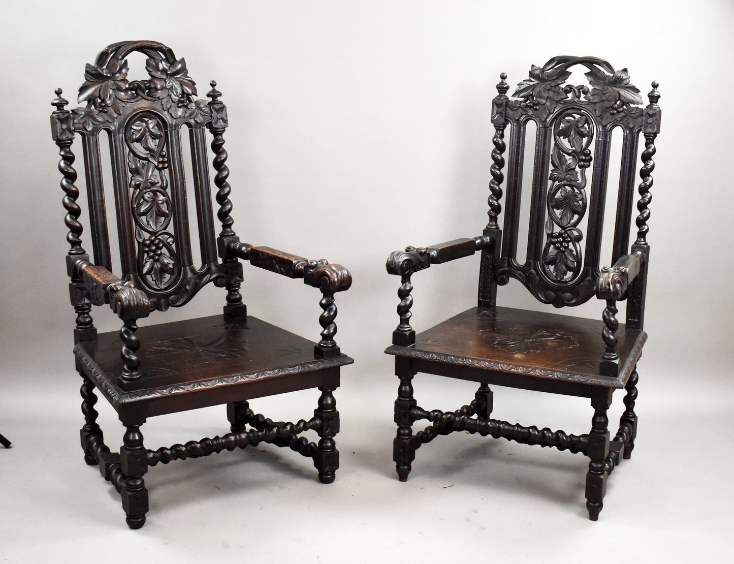 Near Pair Late 19th Century Carved Oak Throne Chairs