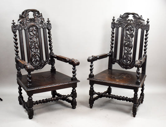 Near Pair Late 19th Century Carved Oak Throne Chairs